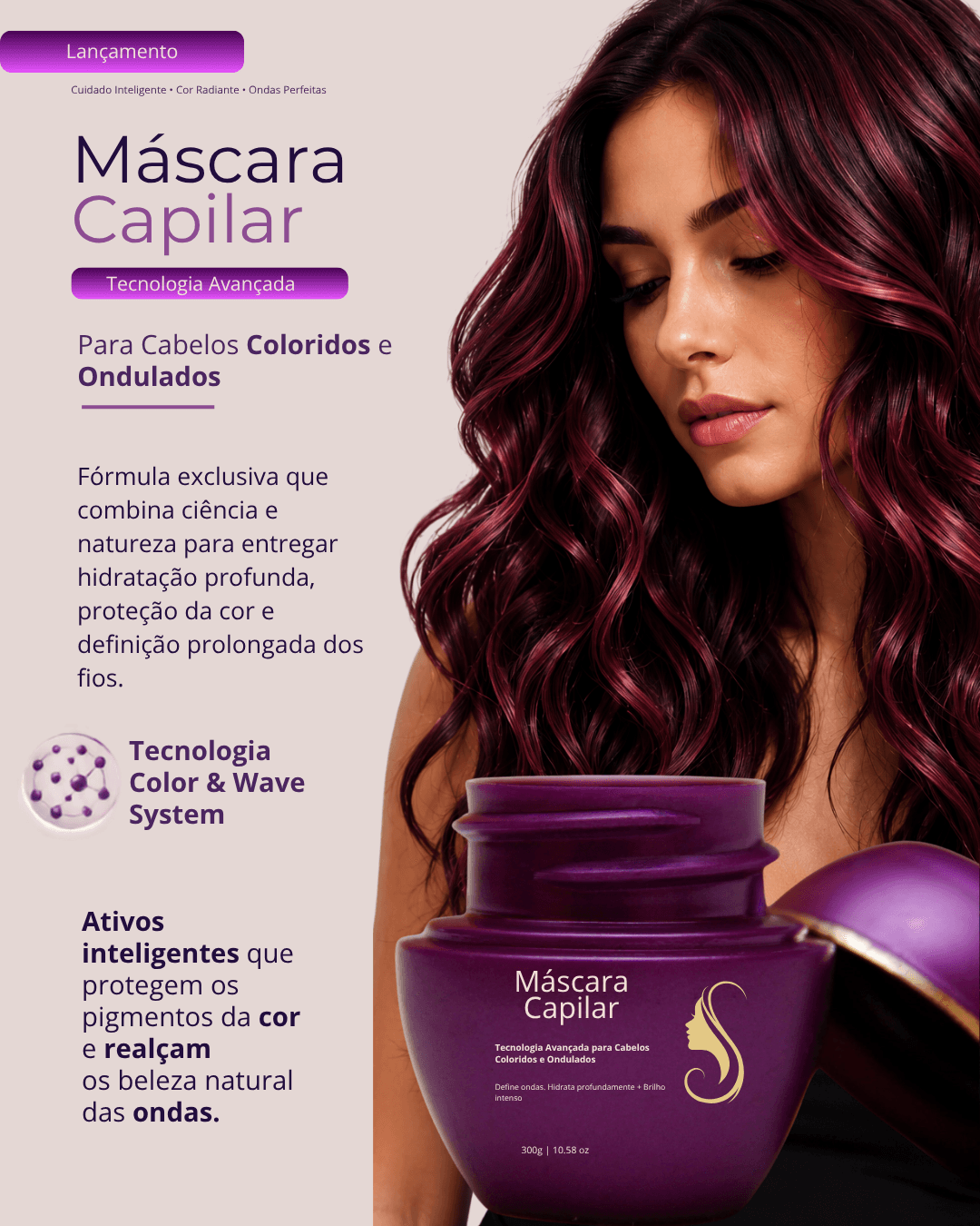 Campanha de lançamento de máscara capilar para cabelos coloridos e ondulados