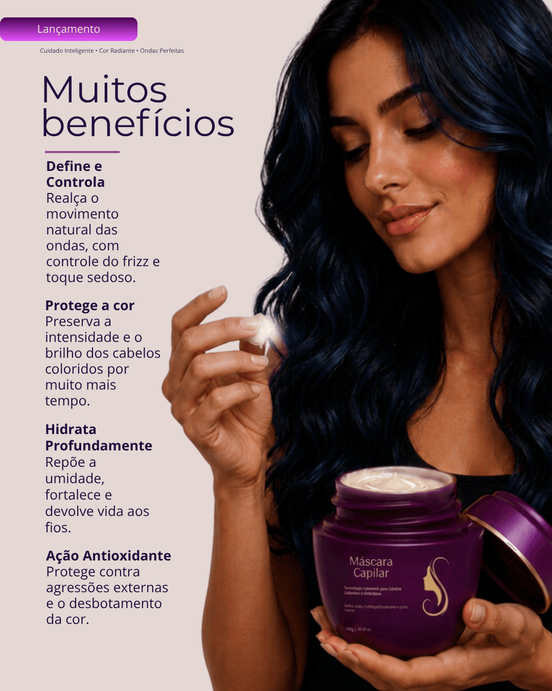 Peça de campanha apresentando os benefícios de uma máscara capilar