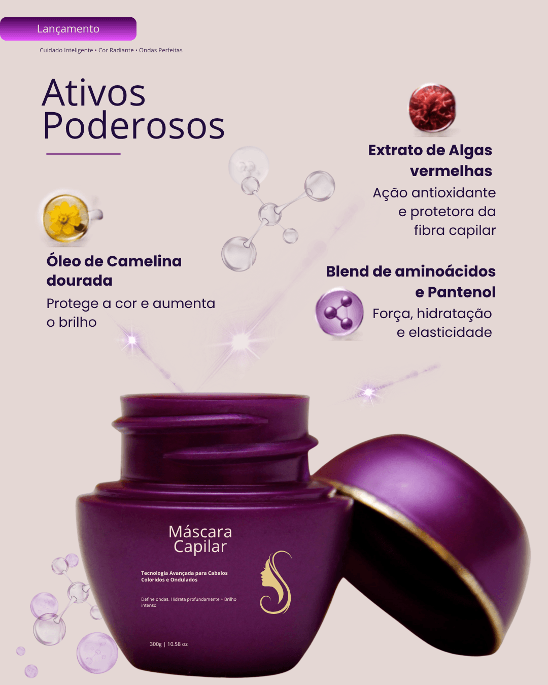 Peça de campanha apresentando os ativos de uma máscara capilar